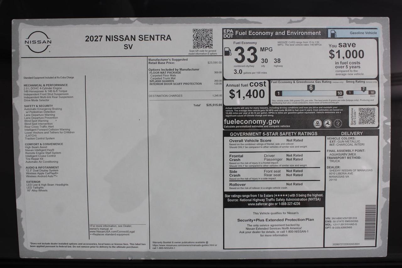 2027 Nissan Sentra SV Manassas VA