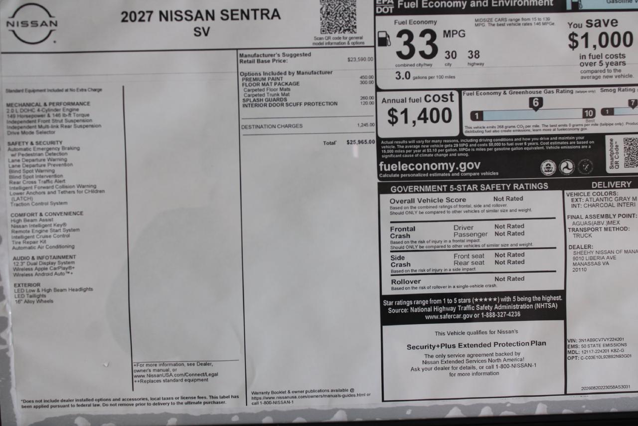 2027 Nissan Sentra SV Manassas VA